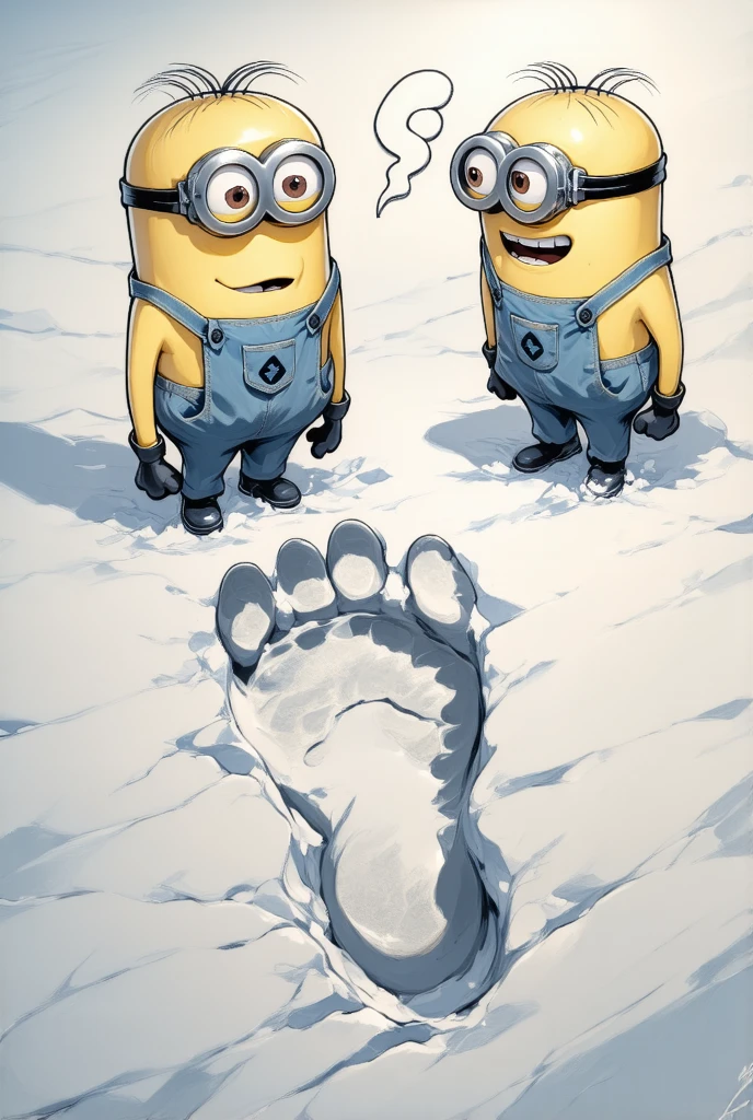  Minions stand in front of a big footprint and argue who this footprint belongs to, You can see a big footprint in the snow 