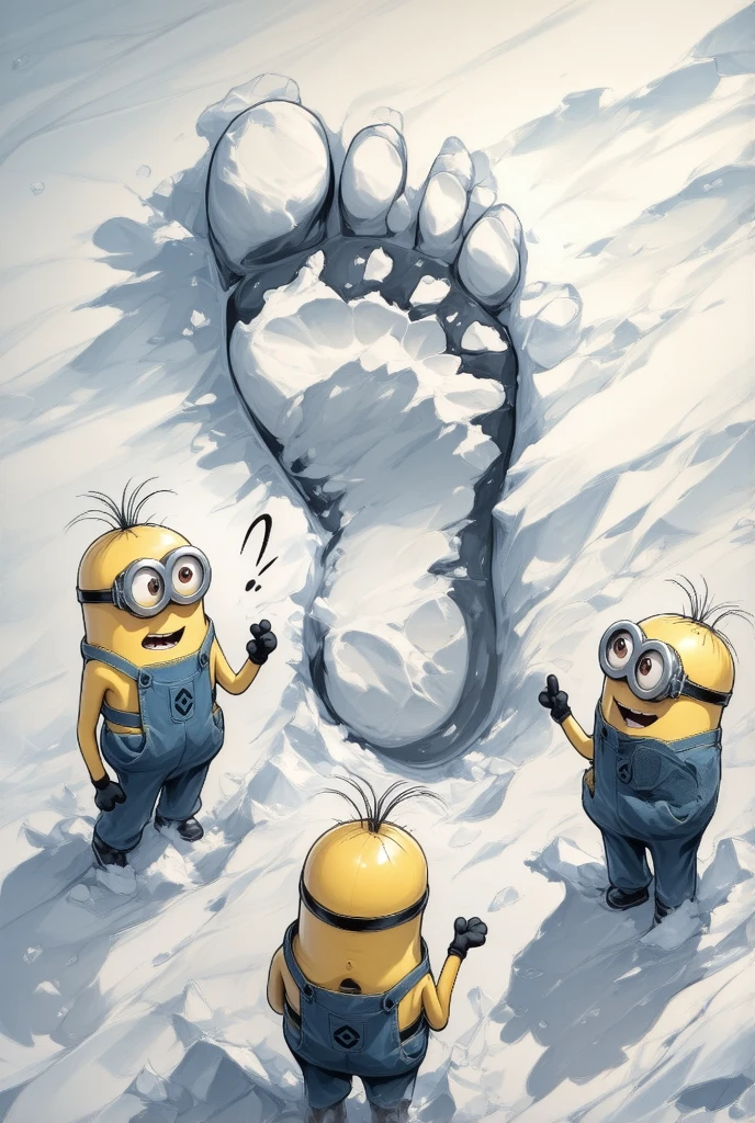  Minions stand in front of a big footprint and argue who this footprint belongs to, You can see a big footprint in the snow 