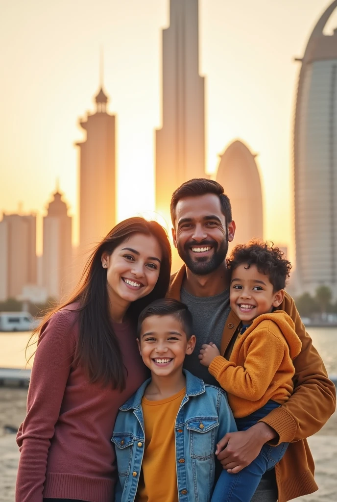 best realistic, a young Indonesian mother with a slightly fat body, wearing a hijab, and her husband, three children aged (12 years), (7 years), and (3 years), wearing a white t-shirt, black jacket, black pants, again in the photo downtown neu york, 34k ultra full hd.
