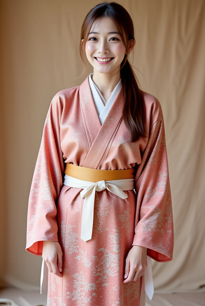 A asian woman is in plain japanses print koso1,white thin sash with knot ,full-body-shoto, smile:1.3