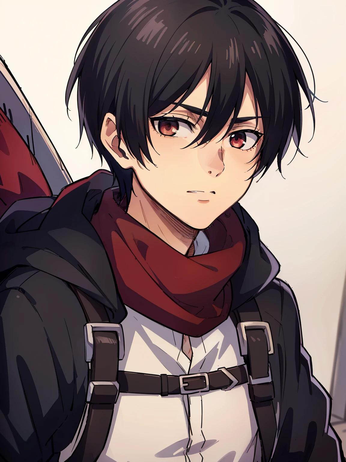 (high-quality, breathtaking),(expressive eyes, perfect face) 1boy, male, solo, portrait, narrow eyes, kind face, neutral expression, soft cute smile, aot style, portrait, Symmetrical Eyes, black hair, red eyes, teenager, blue background, black coat, open coat, white shirt, backpack, black pants, mappastyles4, fluffy hair, half closed eyes, looking at viewer, facing viewer, red scarf, teenager, young face
