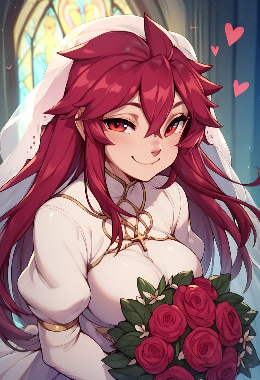 Score_9, Score_8_up, Score_7_up, Score_6_up, 1girl, Mari Setagaya,  long hair, red eyes, red hair, human-form, merustyle ,  big breasts, In church, vestido de novia, white veil,  bouquet of flowers in her hands, white clothes, newlywed ,  hearts in the air, smug, looking to you
