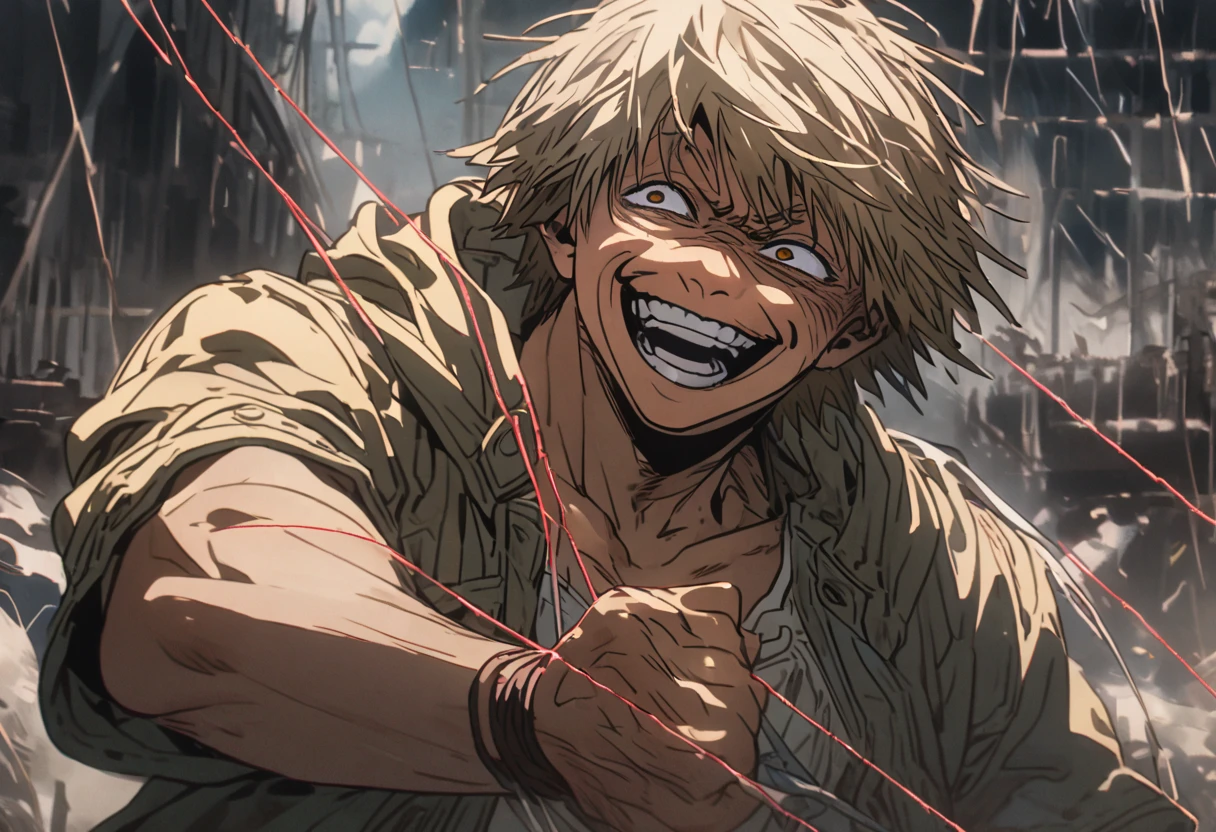 Chainsaw Man (Denji), smiling, pulling a string from his chest. Half chainsaw Man face and half Denji's face