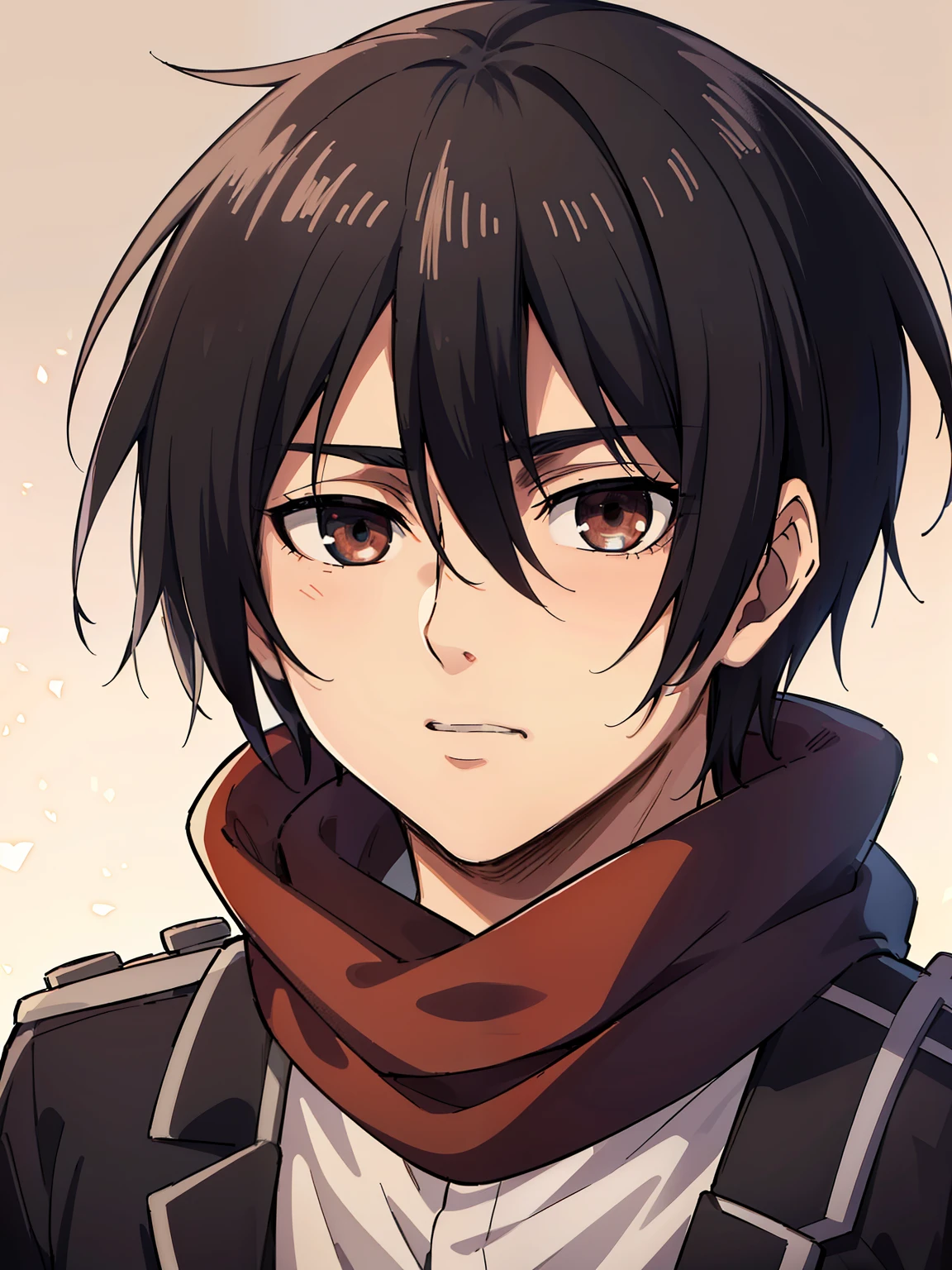 (high-quality, breathtaking),(expressive eyes, perfect face) 1boy, male, solo, portrait, narrow eyes, kind face, neutral expression, soft cute smile, aot style, portrait, Symmetrical Eyes, black hair, red eyes, teenager, blue background, black coat, open coat, white shirt, backpack, black pants, mappastyles4, fluffy hair, half closed eyes, looking at viewer, facing viewer, red scarf, teenager, young face
