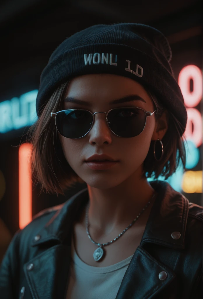 Face close up, alternative girl, watching over black sunglasses, jacket, necklace, neon light reflections on skin, ear ring, makeup, skin imperfection, short hair, beanie, neon lights background, low light, depth of field, highly detailed, high contrast, film grain, Rim Lighting, Long Exposure, DSLR