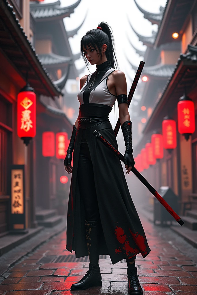 Arafed woman in a black top and skirt holding a sword, very cute cyberpunk samurai, cyberpunk geisha, angry cyberpunk beautiful goddess, beautiful angry cyberpunk druid, cyberpunk samurai, katana zero video game character, portrait of a cyberpunk samurai, seductive cyberpunk dark fantasy, cyberpunk 2 0 y. The girl model, cyberpunk style, cyberpunk women, trend in cgsociety Asian cyberpunk woman with black top and wide red calsa black hair tiper in two buns. It has four cybernetic arms and two katanas sheathed at the waist. She looks bored