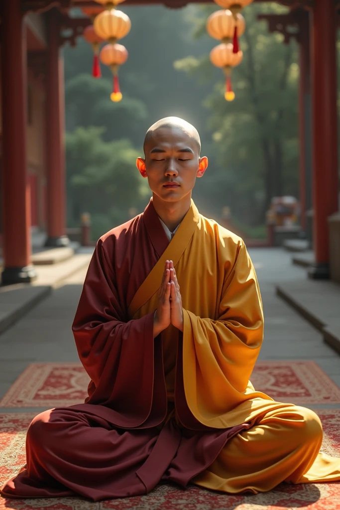 Cute bald little monk,White Buddhist robe,Sit cross-legged,Put your hands together,Round head,Big eyes --auto