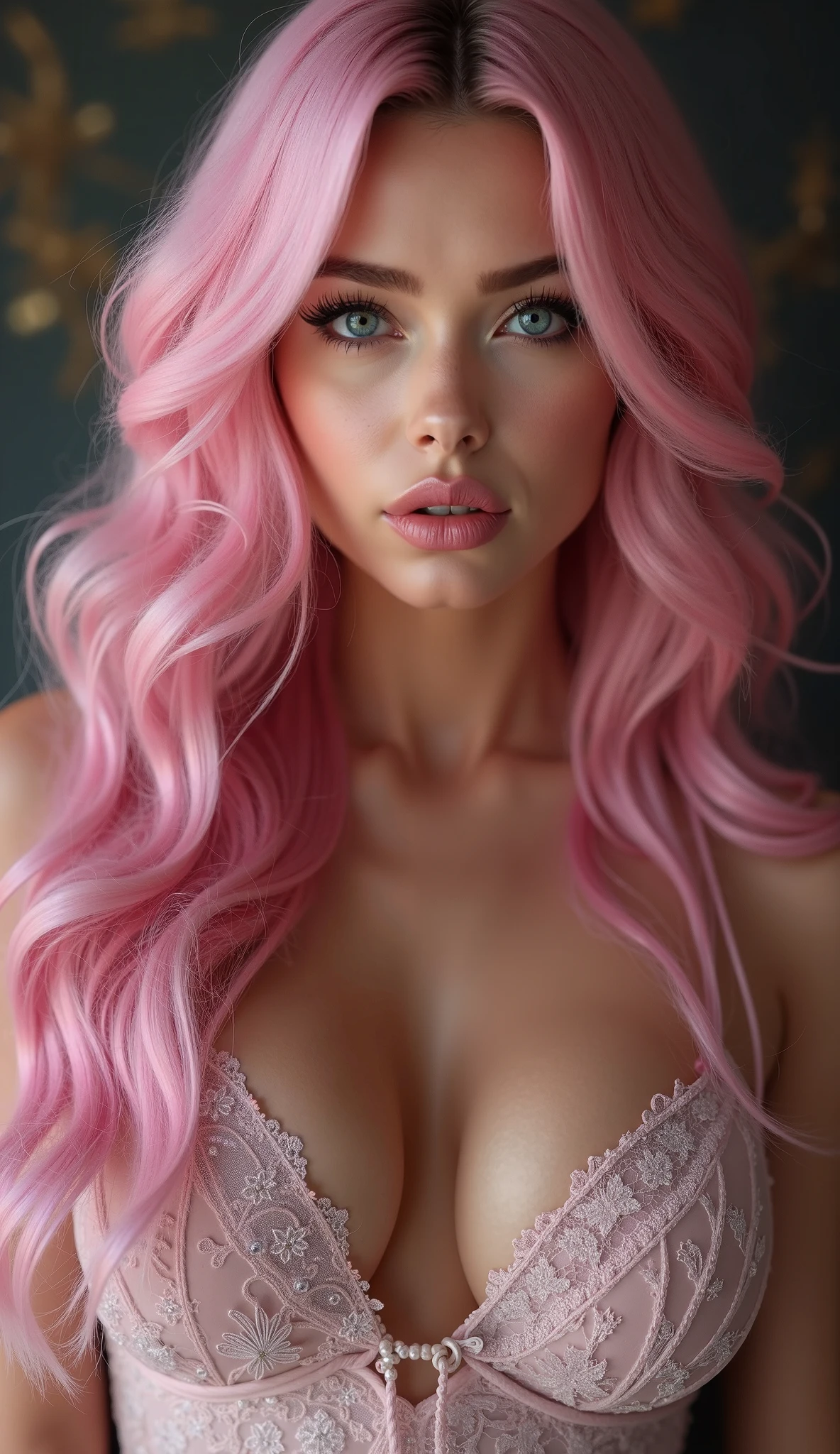 a beautiful woman with pink hair and large breasts wearing a sexy outfit, highly detailed, realistic, photorealistic, 8k, hyperrealistic, masterpiece, intricate details, chiaroscuro lighting, dramatic lighting, cinematic lighting, volumetric lighting, ultra-detailed, hyper-realistic, porcelain skin, detailed eyes, detailed lips, flowing hair, elegant pose, sensual, alluring, captivating, flawless skin, 1girl