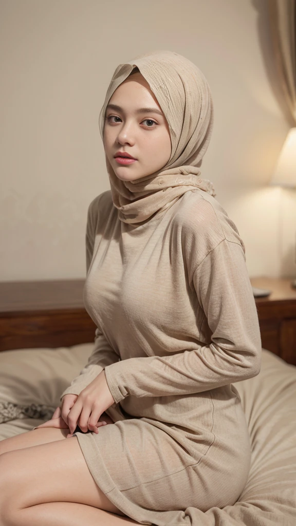 1 malay girl , modern plain hijab, best qualtiy,tmasterpiece,A high resolution,1girll,Printed slip nightdress,Slip nightdress,Slip nightdress,hair adornments,choker necklace,jewely,beautiful face,Red high-gloss lipstick,Physically,Sitting on the bedside,sitted,Dingdall effect,realisticlying,Dark Studio,edge lit,twotonelighting,(highdetailskin:1.2),8K Ultra HD, Digital SLR, softlighting, high high quality, volumettic light, sneak shot, photore, A high resolution, 4K, 8K, Background bokeh,