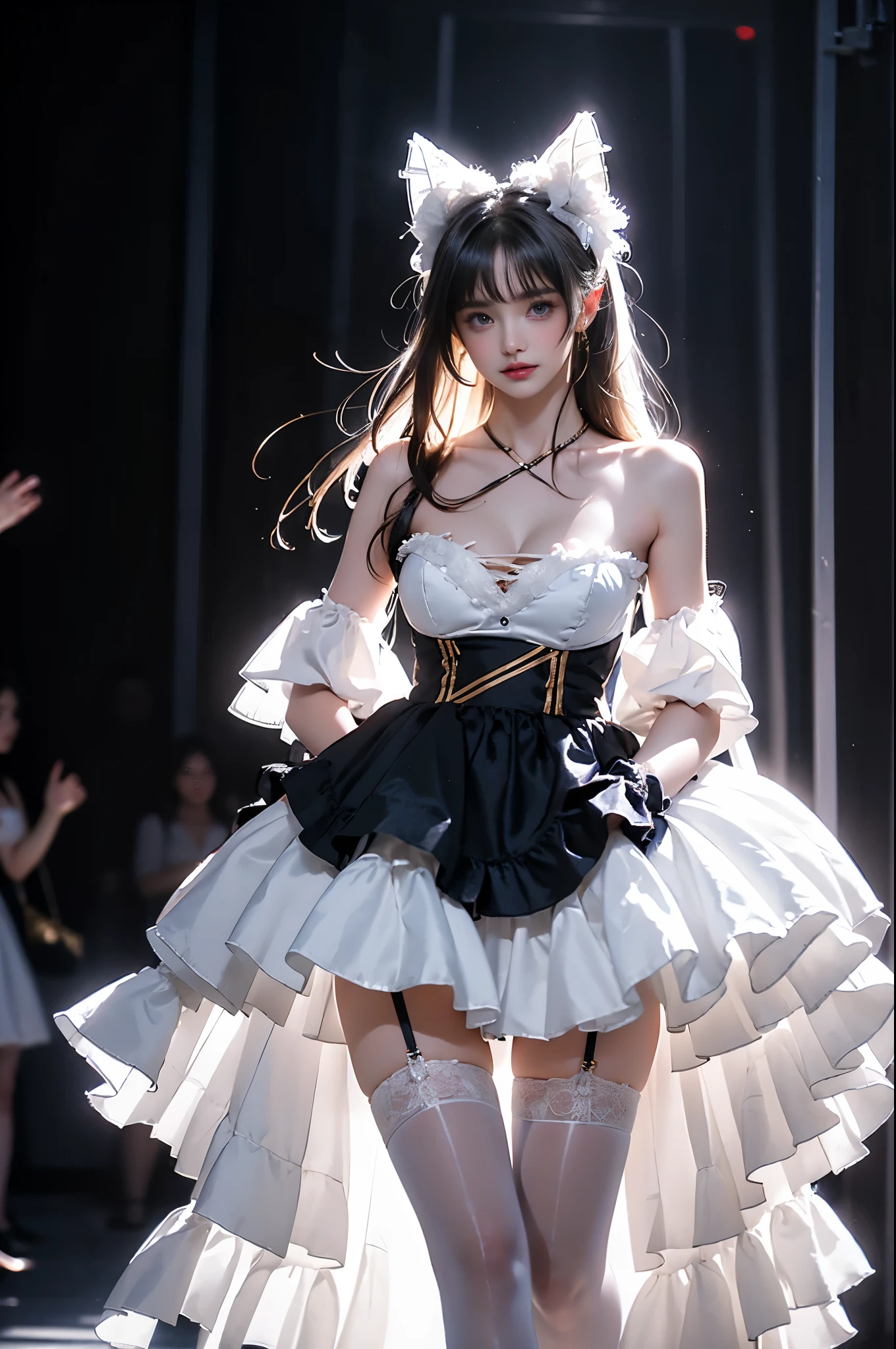 ((highest quality, 8K, masterpiece: 1.3)), Japanese girl、Front view、Upright、Short brown hair、 looking at the camera、double eyelid、Sparkling Eyes、smile、Sexy lips、Perfect Ass、 ((White corset、White underwear、Transparent Panty House、Frills)), Small breasts 、(((Goth meets bondage)))，（highest quality、Canon RAW Photography、8 K、Kodachrome、masterpiece、Ultra-high resolution）