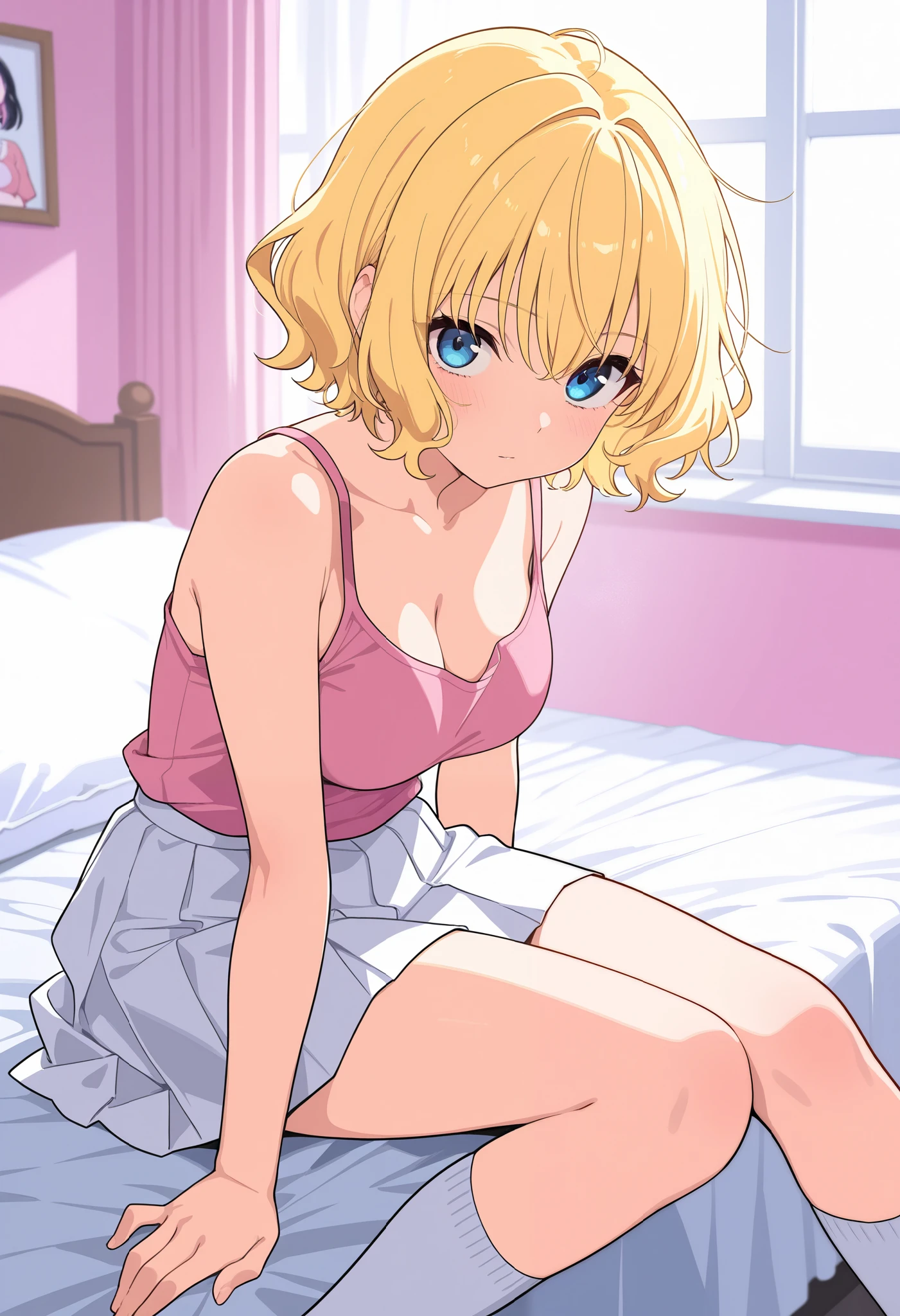masutepiece, superfine illustration, Best Quality, light Particle, Ultra-detailed, 8K Wallpaper, (Bright colors:1.2), Solo, ((tiny girl)), Big breasts, (Blonde hair), disheveled hair, Short hair, Twintail, two side up hair, Scrunchie, Curly hair, Shiny hair, Shiny skin, (She wears a light pink and white horizontal striped dress., Short sleeve), (frilled miniskirt), (White legwear), ((horizontal striped panties)), (Beautiful green eyes, shiny eyes, Big eyes), Affectionate smile, Seductive smile, Closed mouth, Blush cheeks, (Naughty room), (Pink bed), (pink pillows), (pink curtain), Looking back, get down on all fours, NSFW, Sunlight, Shadow,