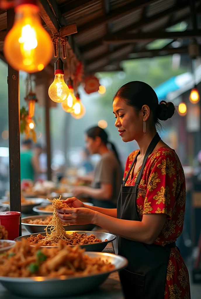 Photo of a middle-aged Sundanese woman (slightly curvy) with long black hair ((low messy bun), (sweat dripping down her face and hair) in very detailed and very realistic manner, wearing a white tank top (wet with sweat) and dyed brown batik cloth tied around it. on his waist. He is cooking at the night market (looking at the camera), he is stirring fried rice in a large frying pan with a serious expression on his face. The atmosphere at this night market looks busy with many people, both men and women, wearing casual clothes seen watching the woman cooking. The lighting in this picture is dominated by a light bulb hanging above the woman, giving a warm lighting effect that emphasizes her and creates shadows around her. In the background, there is a night market atmosphere with rows of stalls and crowds of people doing activities it shows daily life in a night market full of activity and social interaction, Surrealism, 8k, super detail