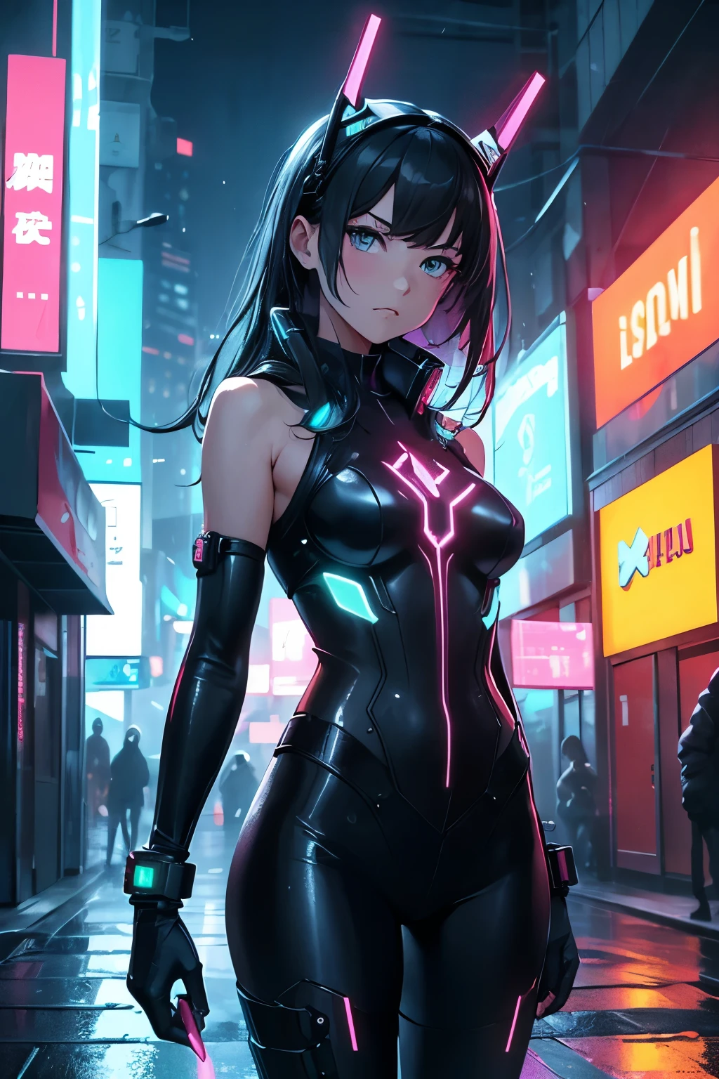 (score_9, score_8_up; anime; idol_face; deep_color; cinematic_lighting; 32k); loveholic, 1girl, futuristic urban setting at night, wearing a form-fitting jumpsuit with glowing circuit