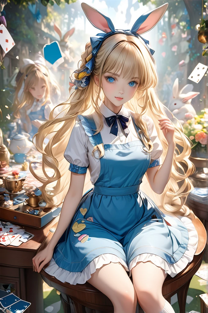  upper body shot、Official art、Best Quality、Unity 8k Wallpapers、32K、​masterpiece、 ultra-detailed、超A high resolution)、Fantastical、((alice in the wonderland))、a blond、Tie your hair with a ribbon、Blue colored eyes、Blue Apron Dress、white sock、PlayingCards、bunny rabbit