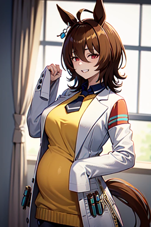 Agnes Tachyon 、Horse Girl、One person、 girl、Horse ears、Horse tail、 earring on one side 、Red eyes、I have lines in my eyes 、 shorthair、 brown hair 、Jacket、（White coat:1.2)、(bigger sleeve than wrist :1.1)、 yellow big sweater、 ties、 black pantyhose 、pregnant women、Stray hair、best qualty,slender 、evil grin