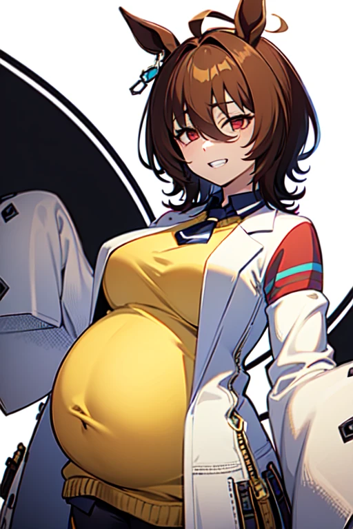 Agnes Tachyon 、Horse Girl、One person、 girl、Horse ears、Horse tail、 earring on one side 、Red eyes、I have lines in my eyes 、 shorthair、 brown hair 、Jacket、（White coat:1.2)、(bigger sleeve than wrist :1.1)、 yellow big sweater、 ties、 black pantyhose 、pregnant women、Stray hair、best qualty,slender 、evil grin