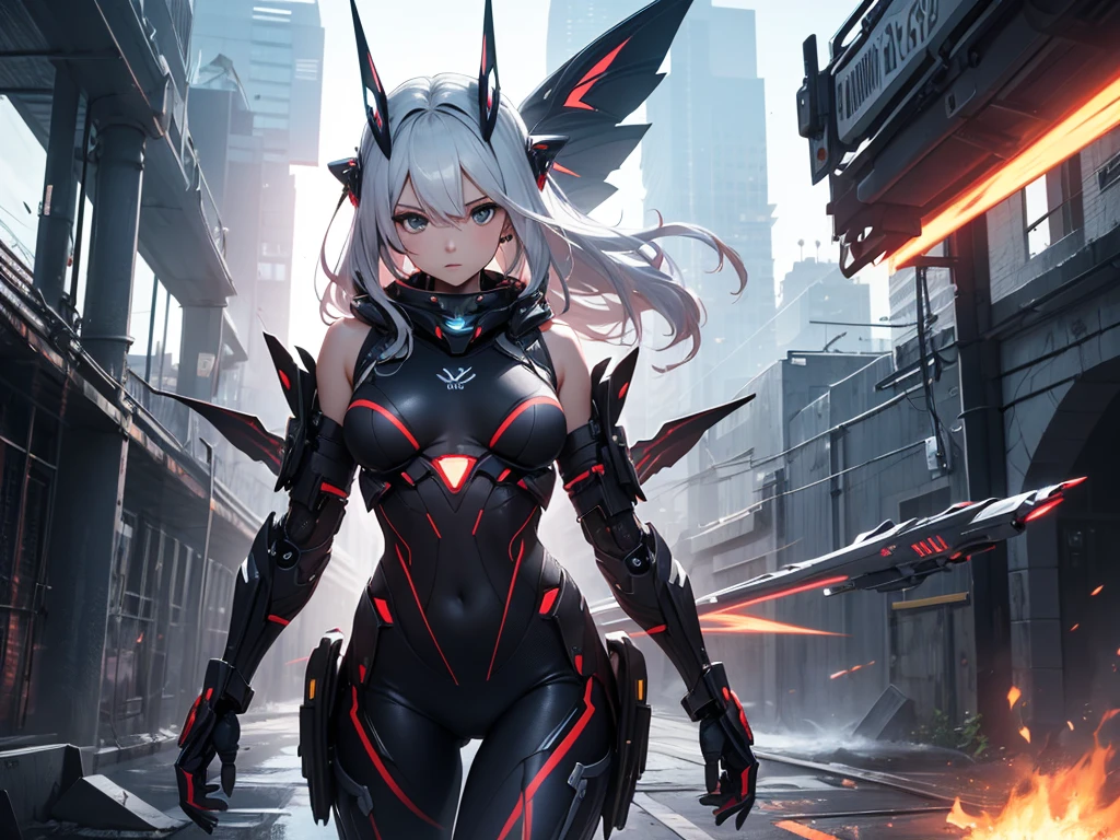there a woman in next to a motorcycle, a Nekomata catgirl, solo, white ((twintail hair)), red iris (eyes), slender body, slender hips, big breasts, nipple contours, wearing full black ((heavy cyberpunk armor)) with red lighting, (black tech jacket)), black cyber cat ears woth red lights, science fiction, cyberpunk city in the background, black ((Skin Tight Armored ripped leotard with red lights)) In the Style of Cyberpunk 2077, in a crowded cyberpunk city, squatting towards the viewer, legs parted, visable cameltoe, visable vuvla, Ultra realistic photo, masterpiece, best quality, CG, wallpaper, HDR, high quality, high-definition, extremely detailed, {beautiful detailed face}, {beautiful detailed eyes}, (detailed light){{intricate detail}}, {highres}, ((detailed face)), Red lights, chiaroscuro, key visual, intricate detail, highly detailed, breathtaking, vibrant, cinematic