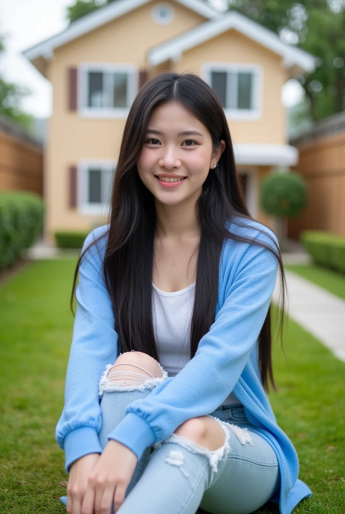 A beautiful young Asian woman with long straight hair, wearing a blue long-sleeved cardigan, ripped jeans, smiling, sitting on a moss lawn, the atmosphere in front of a two-story model house.