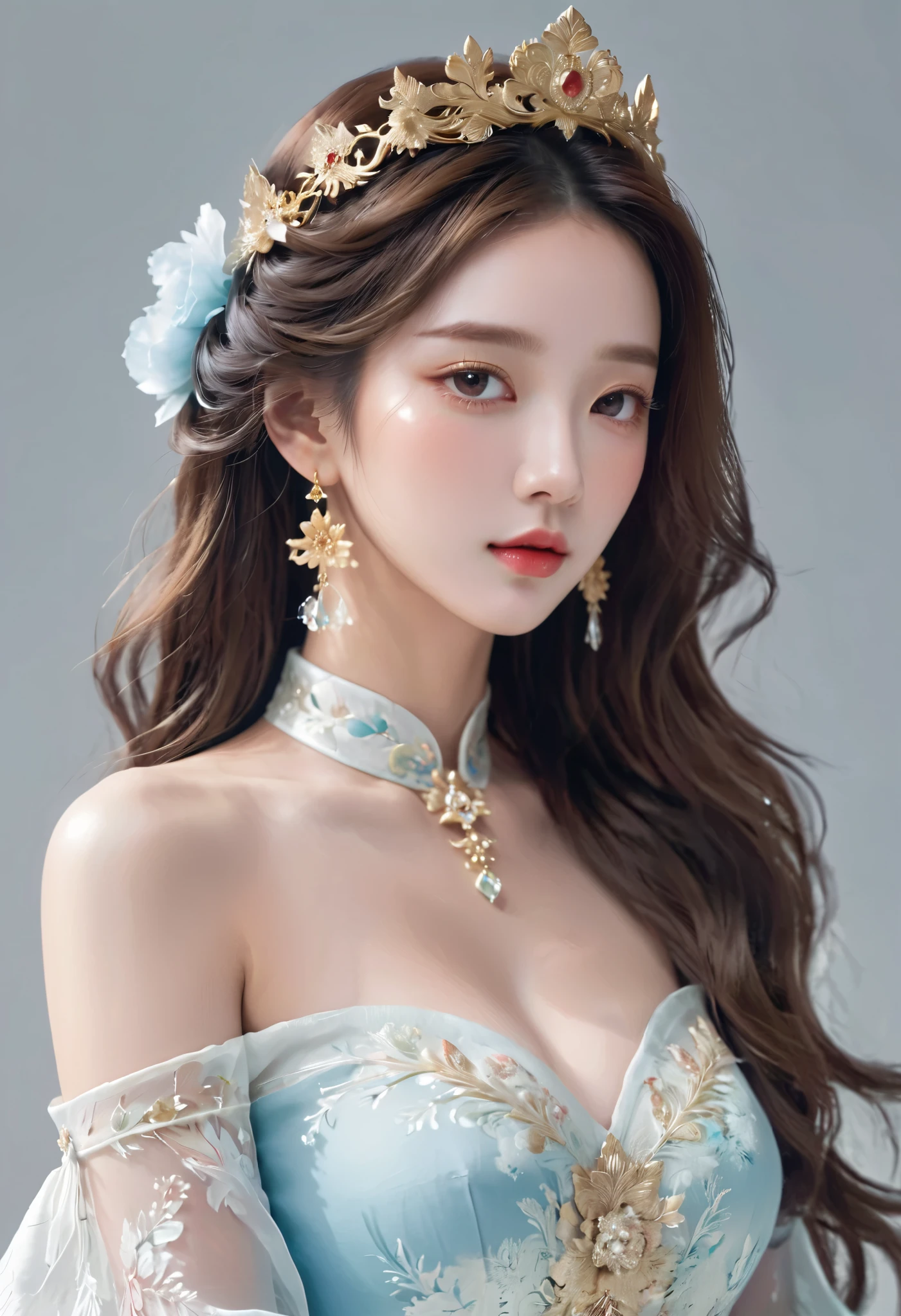 front view,knee shot,panorama,full view,character design,Chinese Oil painting style,3D,A beautiful girl, , with fair skin, a stunning face, long hair, wearing a rococo dress,A tall and large crown, earrings, necklace, stand,white background,perfect figure,perfect face,Perfect and exquisite hands,8k,