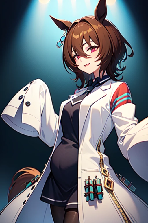  Agnes Tachyon 、Horse Girl、One person、 girl、Horse ears、Horse tail、 earring on one side 、Red eyes、 lines in eyes 、 shorthair、 brown hair 、Jacket、（White coat:1.2)、(bigger sleeve than wrist :1.1)、 yellow big sweater、 ties、 black pantyhose 、Stray hair、best qualty,forced smile、slender 、pregnant women