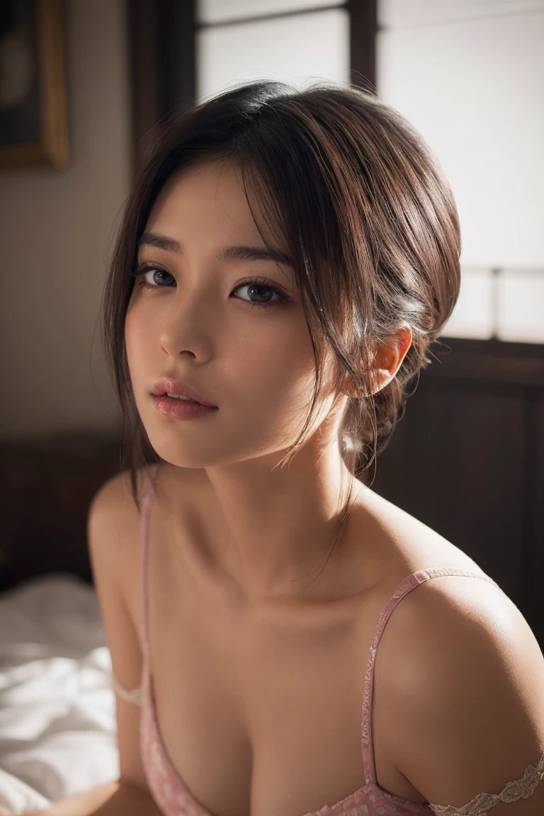 extremely detailed CG unity 8k wallpaper, best quality, ultra-detailed, masterpiece, realistic, photo realistic, extremely detailed girl, 30years old, secretary, large breasts, blush, parted lips, (bathrobe), (cleavage), bathroom , sitting ,half body shot , bun_head