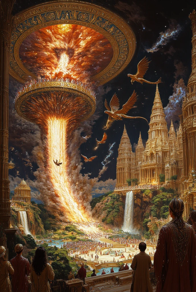 A colossal, otherworldly Baroque/Renaissance-style painting depicting a Sarpa Yagya (snake sacrifice) from the Mahabharata. Thousands of dragon-like, serpentine creatures with massive, glowing wings and shimmering scales, fly majestically through the sky, heading toward colossal sacred volcanoes erupting with golden fire and divine energy. The snakes radiate an aura of celestial light, their bodies coiled and flowing with mythical elegance, their eyes glowing like embers.

The scene is bathed in a surreal, ethereal glow, with vibrant shades of gold, crimson, and sapphire dominating the sky. From all directions, the enormous serpents converge on the volcanoes, which rise like ancient, otherworldly temples encrusted with intricate carvings of gods, warriors, and cosmic creatures. Rivers of molten lava spill from the volcanoes, forming glowing patterns like ancient Vedic yantras on the landscape.

The sky is a masterpiece of celestial grandeur, filled with swirling clouds, fiery auroras, and stars, all illuminated by the divine energy of the sacrifice. Below, a gathering of sages and celestial beings chant powerful mantras, their intricate garments and ornaments reflecting the Baroque and Renaissance attention to detail. They stand on terraces carved into the sides of the volcanoes, their faces illuminated by the flames and their hands raised in reverence.

The painting captures the drama and scale of the Mahabharata’s divine lore, blending larger-than-life mythical elements with the ornate, layered composition of Baroque and Renaissance art. Every corner is teeming with details: cascading waterfalls, mythical creatures watching from the shadows, and heavenly beings flying alongside the snakes, their wings shimmering with iridescent hues.

Create this as a wide-angle, monumental painting, rich in texture, depth, and dynamic lighting, encapsulating the grandeur of the Mahabharata’s cosmic storytelling.