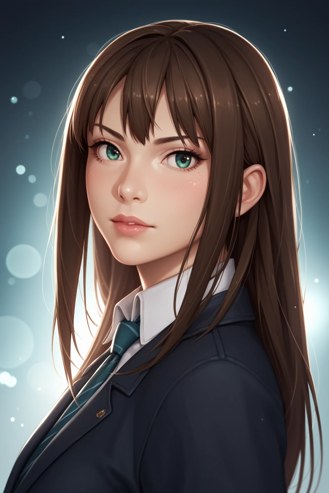 A close-up portrait of Rin Shibuya, shown from the chest up, with a serious expression. Her face is calm and focused, her lips pressed into a neutral line, and her eyes conveying determination or contemplation. Her posture is upright and confident, with her gaze directed straight ahead or slightly off to the side, adding depth to her demeanor. Her brown hair is neatly styled, falling naturally around her shoulders or tied back to emphasize her facial features. The background is softly blurred with neutral or dark tones, enhancing the gravity of the mood without distracting from the subject. The lighting is subtle yet defined, casting soft shadows to highlight her cheekbones and jawline, adding depth and realism. Art style: photorealistic, sharp focus on facial details, natural lighting, soft background bokeh, and an emphasis on the subject's serious and composed demeanor.