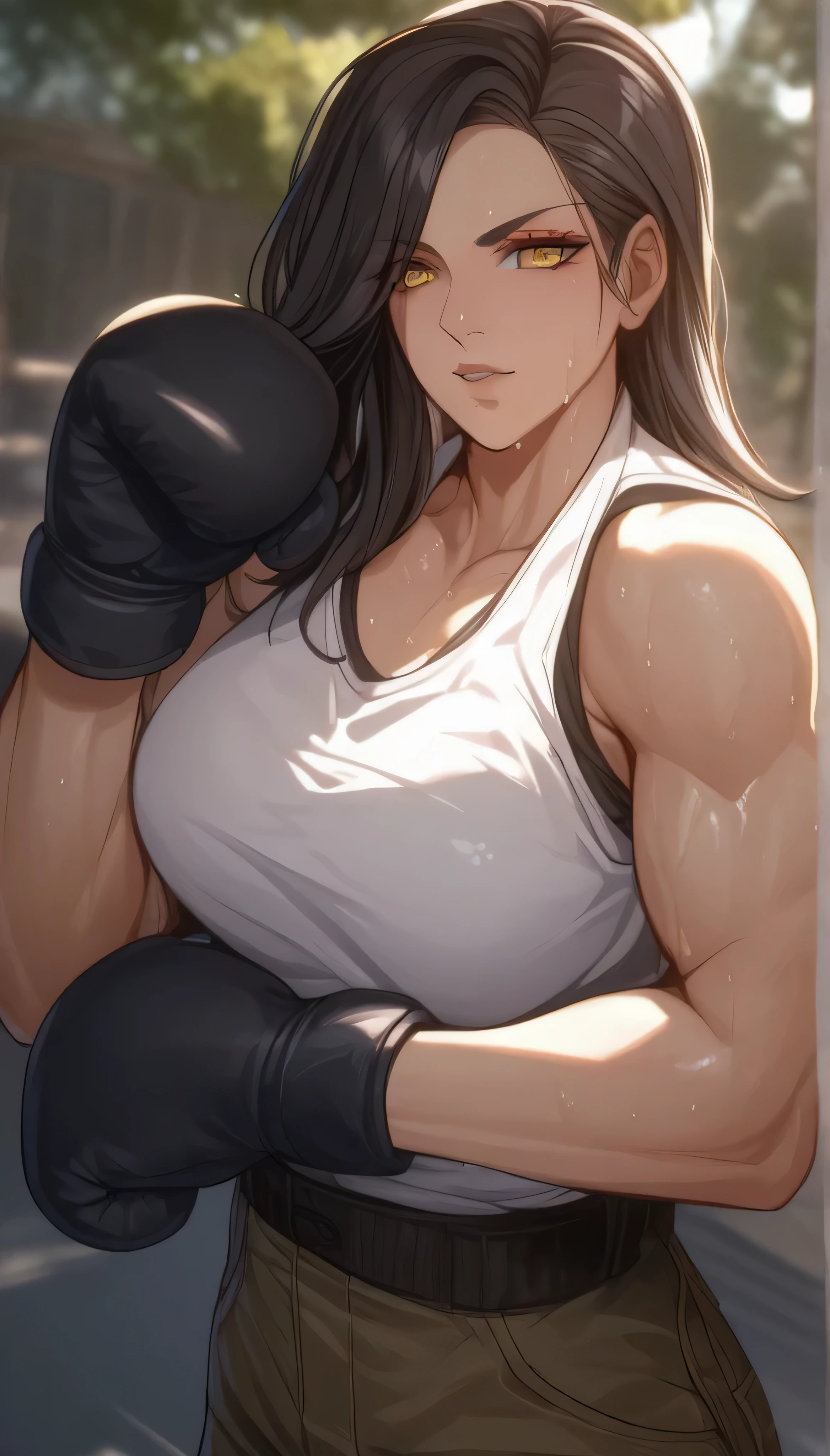 score_9, score_8_up, score_7_up, source_anime, scissorhold, between thighs,, BREAK 1girl, sitting,athletic body,red sport bra,black bikini ,mature female, lips,hair, brown eyes,  large breasts, smile,seductive smile with teeth,thick thighs BREAK 1man,adult man, suffocating, getting crushed by thighs,man is dying, man is getting crushed by thighs,man is crying,saliva, man is in pain