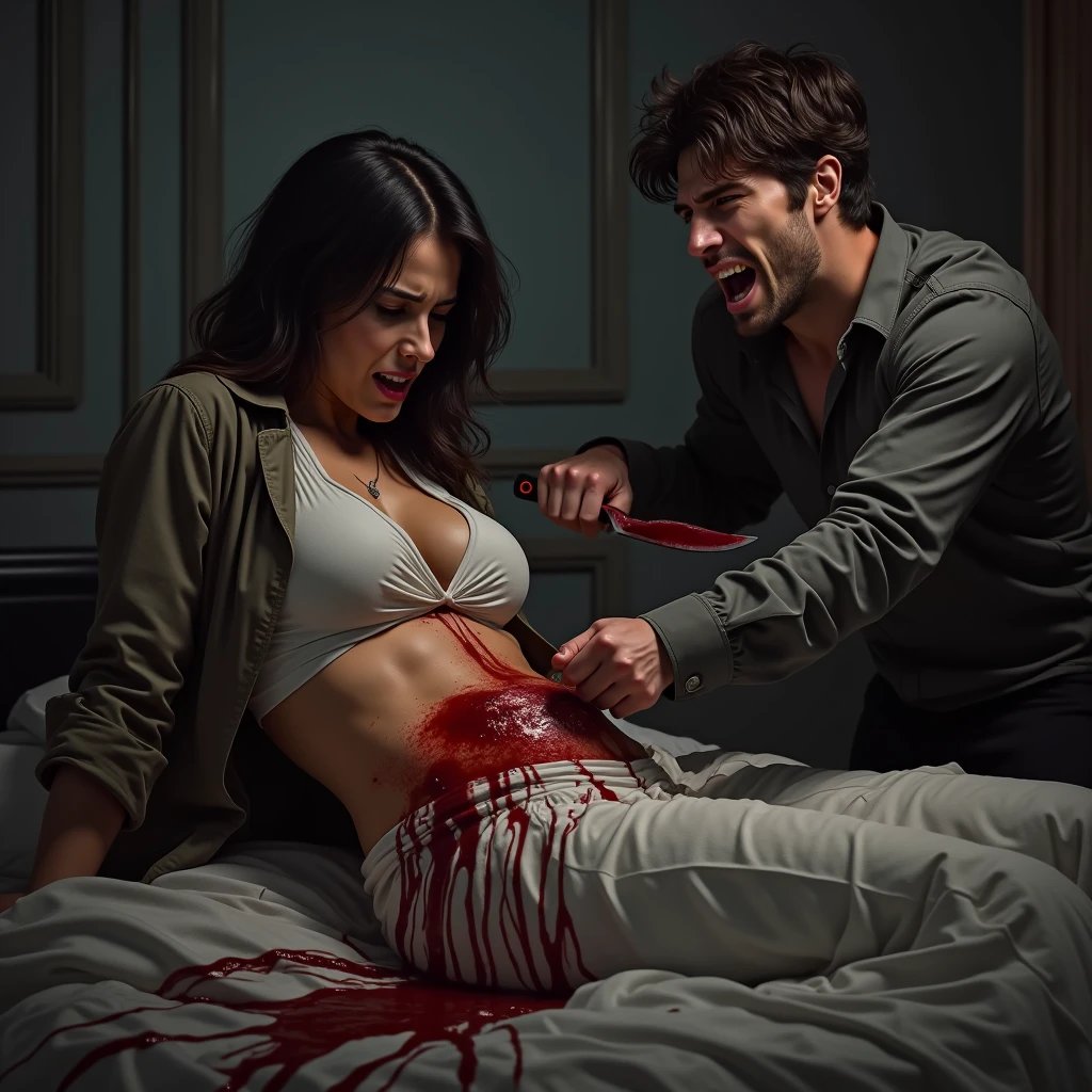Small pale-skinned woman, open bleeding wound rib cage, vibrant maroon hair, black bra and black shorts, lying supine, large fur-covered bed, 209 cm tall, 29-year-old fit attractive man with black short layered swept-back wavy crew cut hair, short black facial hair, shirtless, Mediterranean-Native American features, black cargo pants, intense expression, fingers inside her bleeding wound, dimly lit underground basement, dark wood paneling, photorealistic, cinematic.