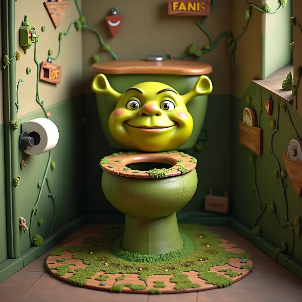 "A 3D cartoon-style Shrek-themed toilet bowl in a humorous, swamp-inspired bathroom. The base of the toilet is swamp green, designed with earthy textures to resemble Shrek’s iconic color and home. The tank has Shrek’s smiling face, with his signature ogre ears sticking out from the sides. The lid of the toilet is textured like a wooden plank, featuring fun details such as bugs and small leaves. The floor mat is mossy green, designed with patterns of Donkey and Puss in Boots silhouettes. The bathroom walls are decorated with vines and fairy tale-inspired signs, creating a playful and quirky atmosphere for s."