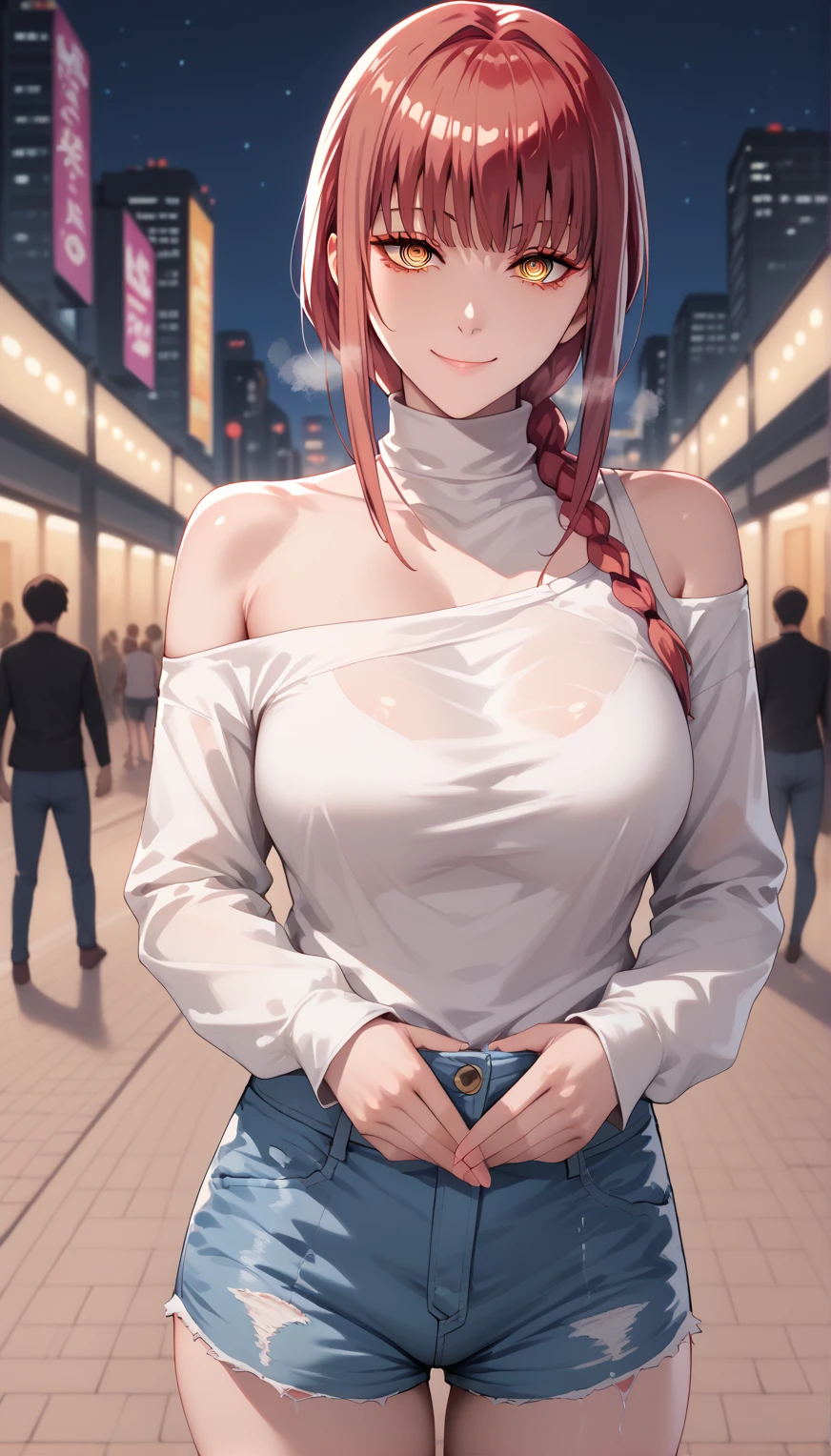  Makima, 1girl, solo, long hair, breasts, smile, bangs, large breasts,yellow eyes, braid, sidelocks, red hair, braided ponytail, ringed eyes, seductive smile, looking at viewer, shinny eyes, heavy breath, yandere, night, Obsession Gaze, ruanyi1043,off shoulder,turtleneck,long sleeves,denim shorts, whole body, outdoors, city, cyberpunk, crowd, blurry backgrounds, 