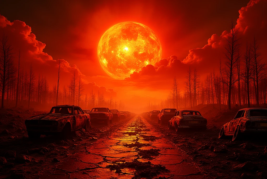 ((masterpiece)) ((photography)) ((Highest quality)) A dystopian apocalyptic landscape where the sun is dangerously close to Earth, casting an intense, hellish red-orange glow over everything. The ground is cracked and dry, with visible heatwaves rising. Scorched trees are engulfed in flames, and the ruins of a devastated city are visible in the distance, with melted cars lining the streets.