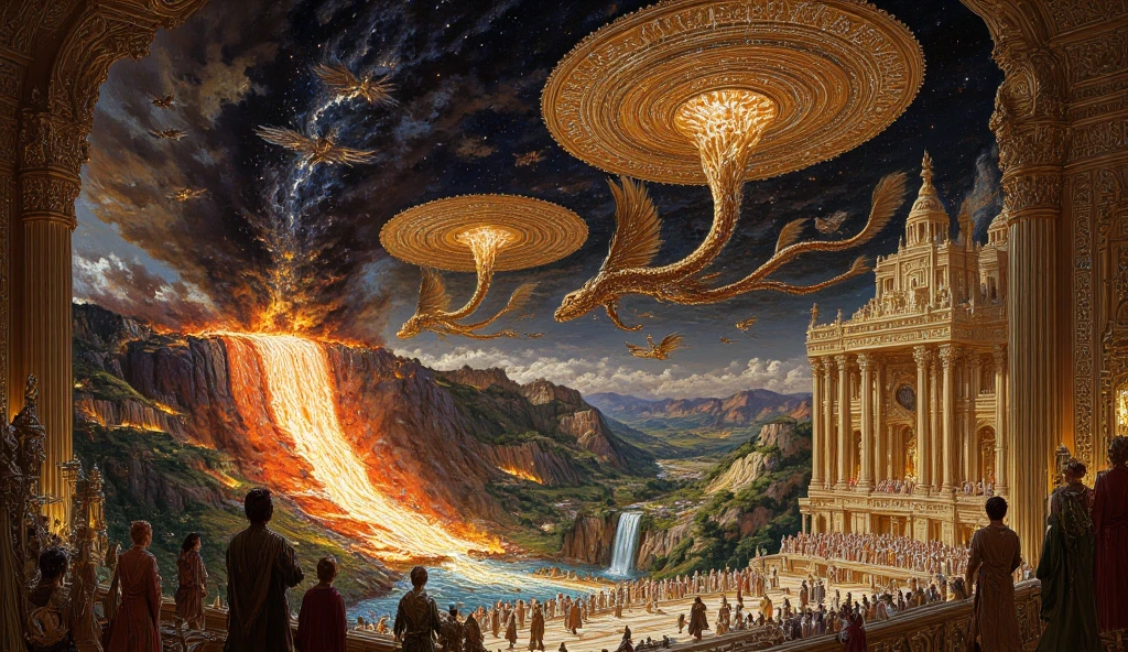 A colossal, otherworldly Baroque/Renaissance-style painting depicting a Sarpa Yagya (snake sacrifice) from the Mahabharata. Thousands of dragon-like, serpentine creatures with massive, glowing wings and shimmering scales, fly majestically through the sky, heading toward colossal sacred volcanoes erupting with golden fire and divine energy. The snakes radiate an aura of celestial light, their bodies coiled and flowing with mythical elegance, their eyes glowing like embers.

The scene is bathed in a surreal, ethereal glow, with vibrant shades of gold, crimson, and sapphire dominating the sky. From all directions, the enormous serpents converge on the volcanoes, which rise like ancient, otherworldly temples encrusted with intricate carvings of gods, warriors, and cosmic creatures. Rivers of molten lava spill from the volcanoes, forming glowing patterns like ancient Vedic yantras on the landscape.

The sky is a masterpiece of celestial grandeur, filled with swirling clouds, fiery auroras, and stars, all illuminated by the divine energy of the sacrifice. Below, a gathering of sages and celestial beings chant powerful mantras, their intricate garments and ornaments reflecting the Baroque and Renaissance attention to detail. They stand on terraces carved into the sides of the volcanoes, their faces illuminated by the flames and their hands raised in reverence.

The painting captures the drama and scale of the Mahabharata’s divine lore, blending larger-than-life mythical elements with the ornate, layered composition of Baroque and Renaissance art. Every corner is teeming with details: cascading waterfalls, mythical creatures watching from the shadows, and heavenly beings flying alongside the snakes, their wings shimmering with iridescent hues.

Create this as a wide-angle, monumental painting, rich in texture, depth, and dynamic lighting, encapsulating the grandeur of the Mahabharata’s cosmic storytelling.