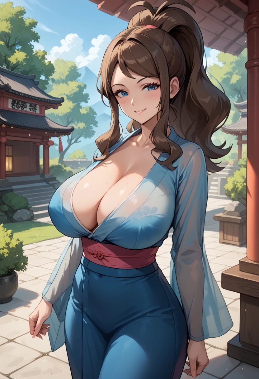 mature woman, small waist, smug, pokemonhilda, blue eyes, brown hair, long hair, ponytail, outdoors, japanese temple, standing, cleavage, huge breasts, k1m0n0, blue kimono, see-through, long sleeves, braless