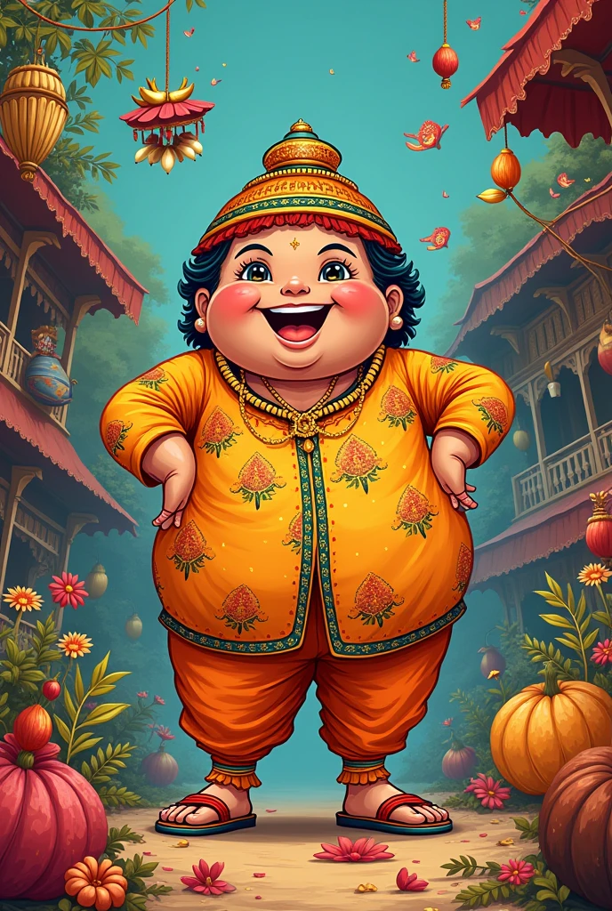 Appears to depict a 3D animated character, possibly modeled in the style of a traditional Indian royalty or deity, with exaggerated features for comical or friendly effect. The character is a smiling, wide-eyed, moustached male.He wears a gold crown adorned with red jewels and has long, wavy black hair. His attire includes a white dhoti, various gold ornaments such as necklaces, earrings, bangles, and holds a old umbrella opened in his left hand. His expression is happy and surprised, and the overall style is energetic and cartoonish.He was fat