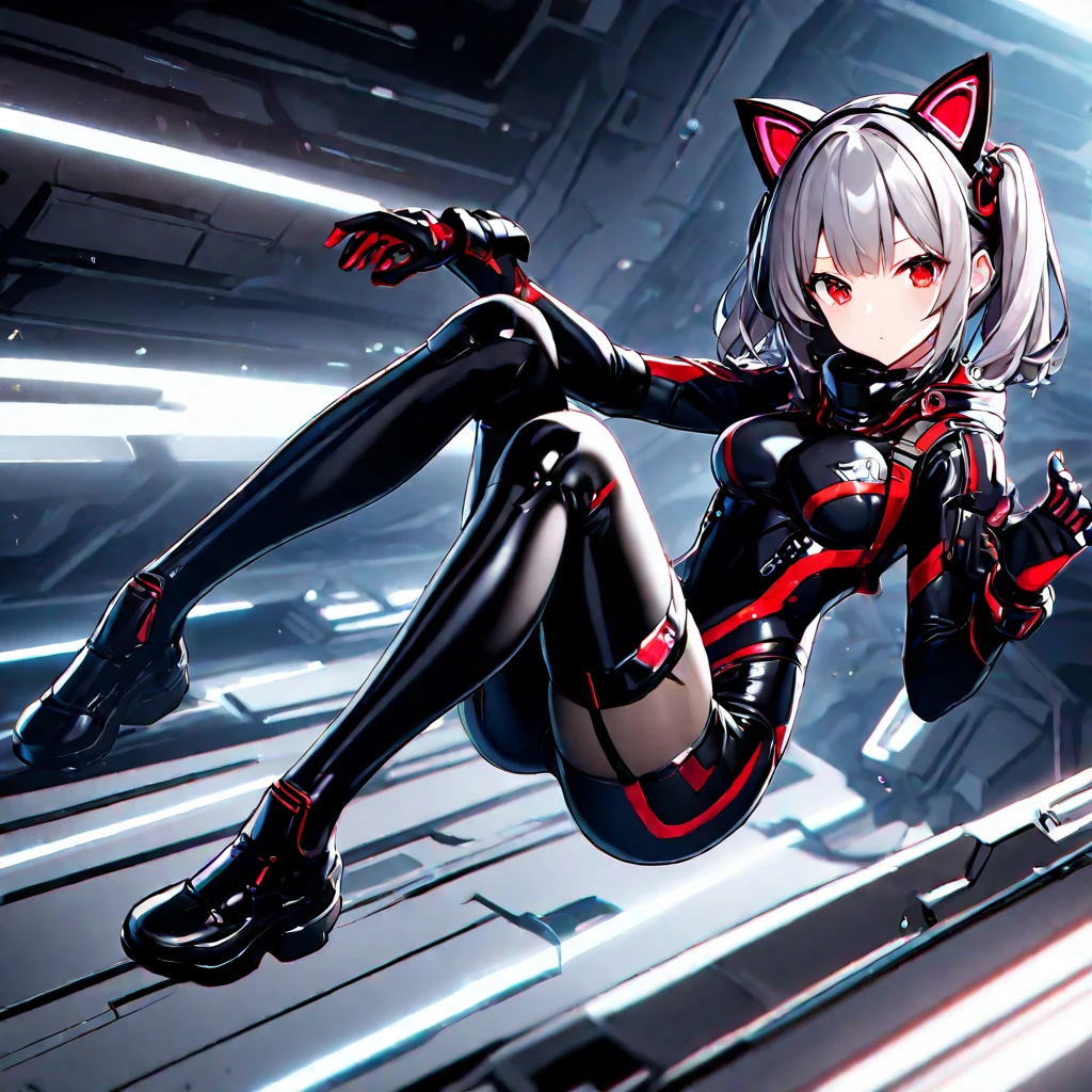  4K,  hair 、stockings,    red eyes  , , cat cyber ears,  high definition  , One, masterpiece,    best quality,  duration,  tight combat suit, 1 girl,  full body , tight space, 