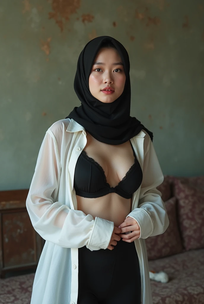 a malay girl wearing black hijab at home... wearing white bra and g string underwear.. no pants.. she lie on the floor... soft stomach.. less lighting..feeling pain expression.. looking straight to camera