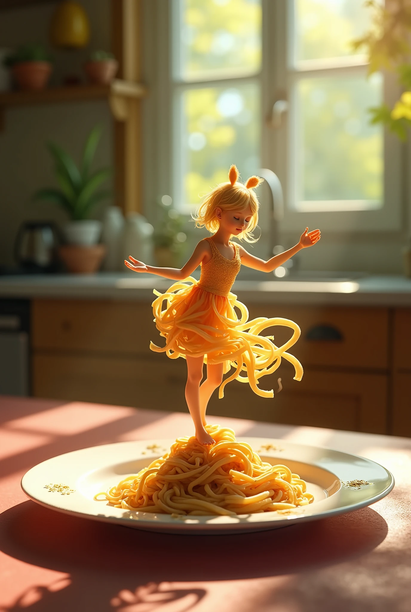 A plate with noodles and a dancing girl made of noodles dancing on top of the plate and