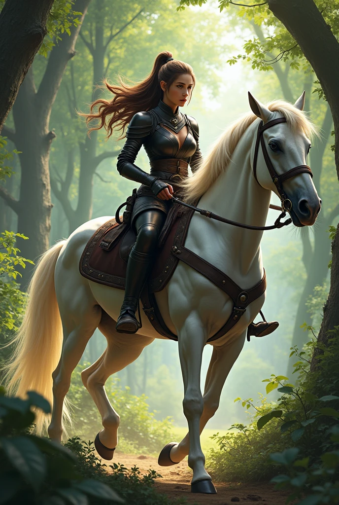 Sango A warrior girl with long brown hair in a tail, wearing black leather armor, riding a white horse in the middle of the forest 