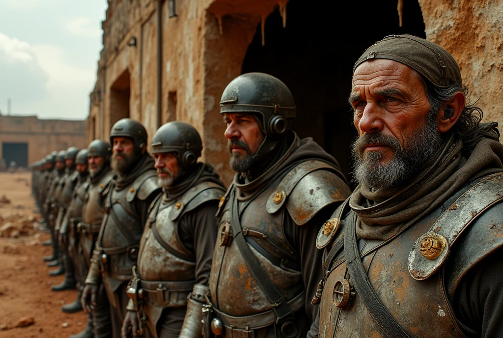 ((masterpiece)) ((photography)) ((Highest quality)) A group of survivors wearing improvised, handmade heat-resistant suits. The suits are patched together with metallic and reflective materials to shield from the extreme heat, and they carry makeshift tools. The survivors huddle under the shadow of a crumbling building, trying to escape the unbearable heat, their faces weary and desperate.