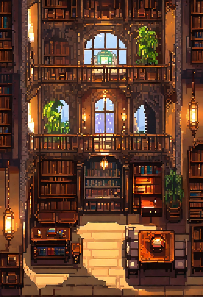 (front view, best quality, masterpiece, best quality, pixel art), (1girl), (solo), looking at viewer, fantasy, pixel art, Incredible pixel art detail, sandboxes, Generate an AI output of a grand library interior, featuring towering wooden bookshelves filled with books, ornate spiral staircases, large arched windows letting in natural light, and cozy reading areas with antique wooden tables and leather armchairs. The atmosphere should feel serene and intellectual, with warm ambient lighting and a timeless, classic design.