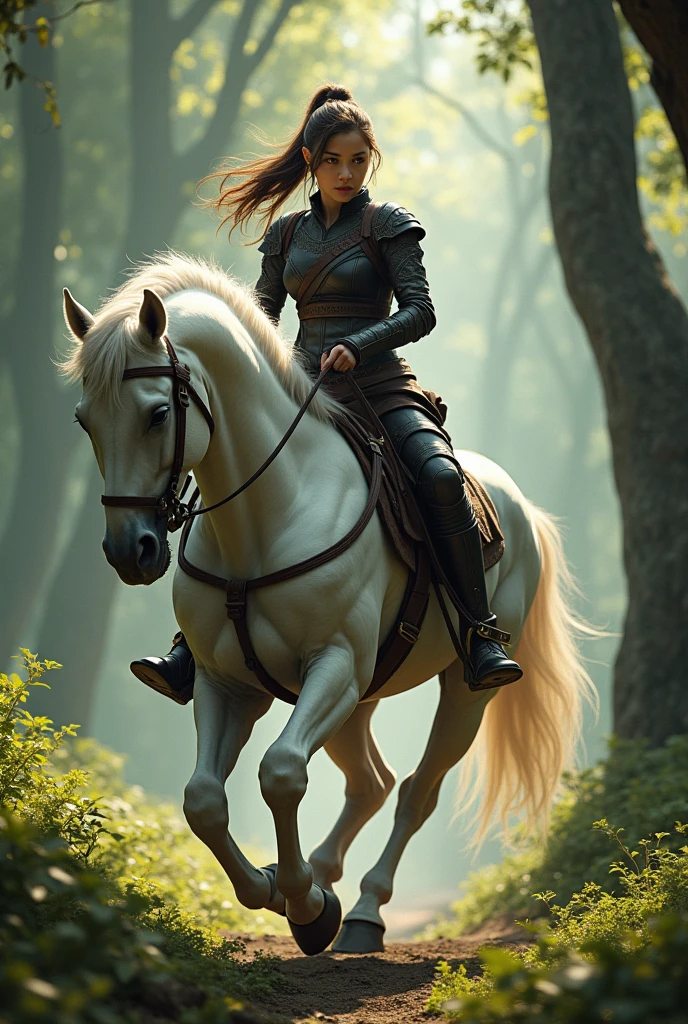 Sango A warrior girl with long brown hair in a tail, wearing black leather armor, riding a white horse in the middle of the forest