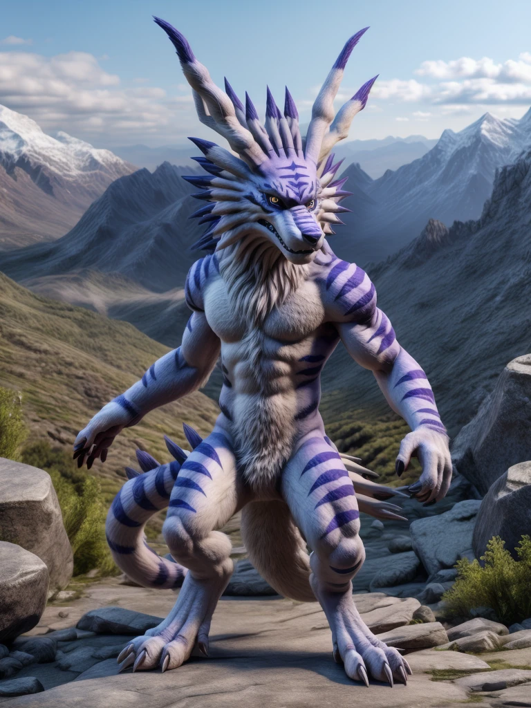 (Full body:1.2), Garurumon, furry, detailed face, very detailed fur, in the mountains, Highest quality, photorealistic, very detailed, very detailed background