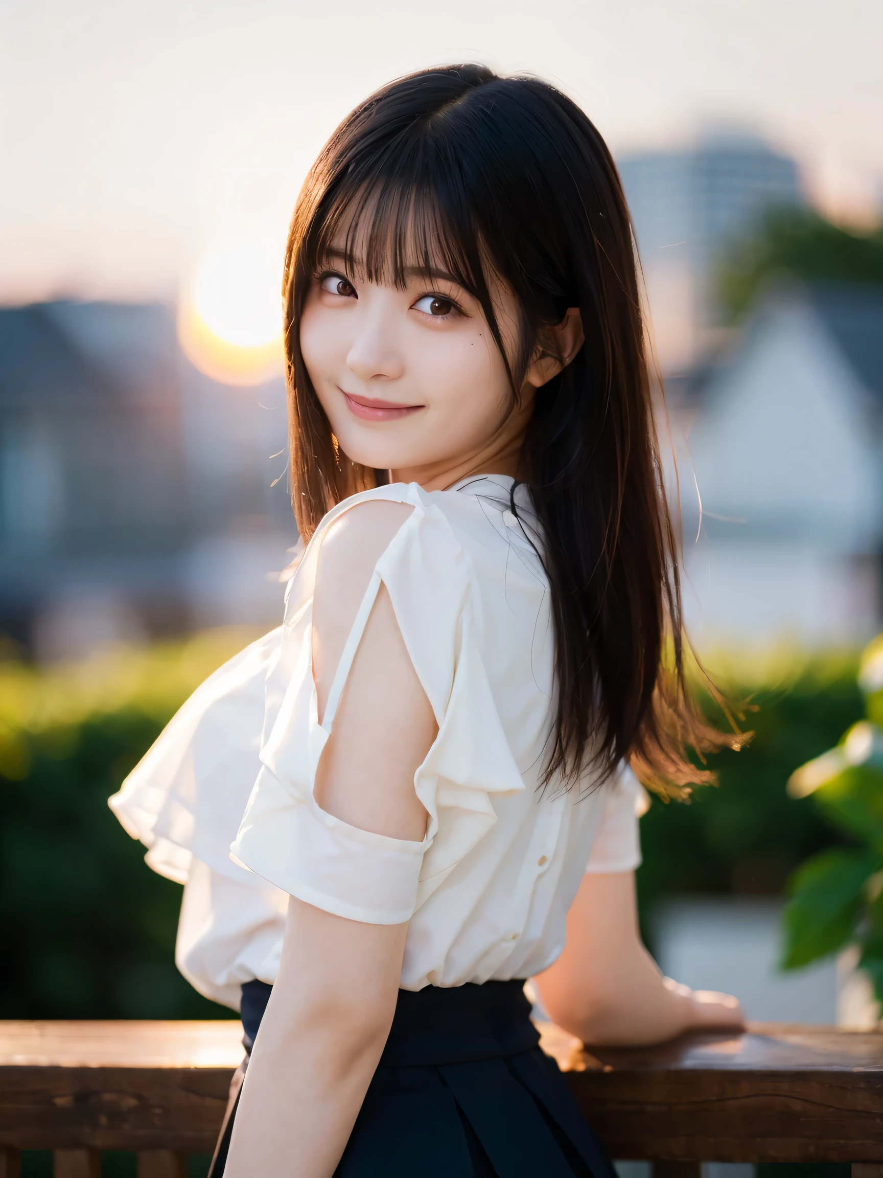 ( top quality, Masterpiece :1.3, super high resolution),( super detailed, caustics ,8k),( photorealistic:1.4,RAW shooting), Japanese ,23 years old,cute, standing,( staring at the camera and smiling),Black hair Middle hair, white blouse,Knee-length skirt,Strong winds, hair blown in the wind ,rooftop,Backlight,sunset,sunset sky, bust up shot ,( face focus),( face up),Low position, low angle, natural light、 Super Long Hair