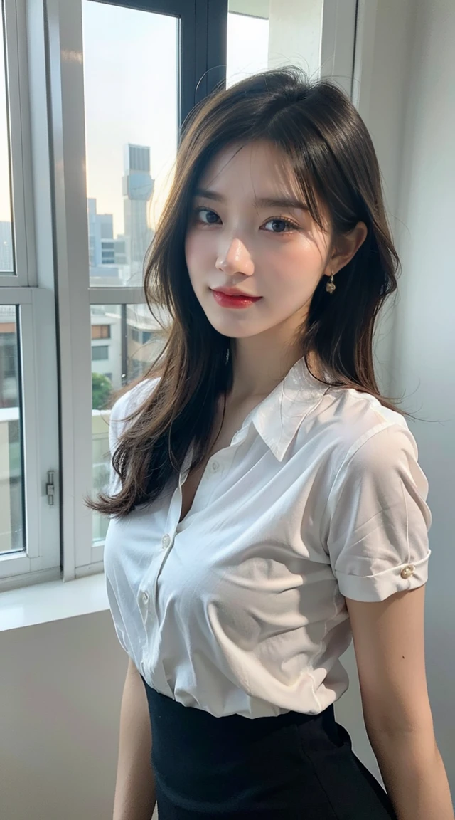 absurdres, RAW photo, extremely delicate and beautiful, masterpiece, Best Quality, ultra high resolution, 32k, hyperrealistic, ultra-detailed, perfect anatomy, anatomically correct, perfect figure, Perfect Style, Perfect balance, super Detailed skin, in her 30s, very Slim body, narrow waist, very small head, very small face, delicate facial features, handsome detailed woman, very detailed eyes and face, realistic face proportions, Realistic beautiful face, Realistic beautiful eyes, tearful mole, earring, very huge round tits, full body shot, bare legs, medium hair, indoor, school_uniform, skirt, sleeveless, bra visible through dress shirt, (dress shirt:1.2),