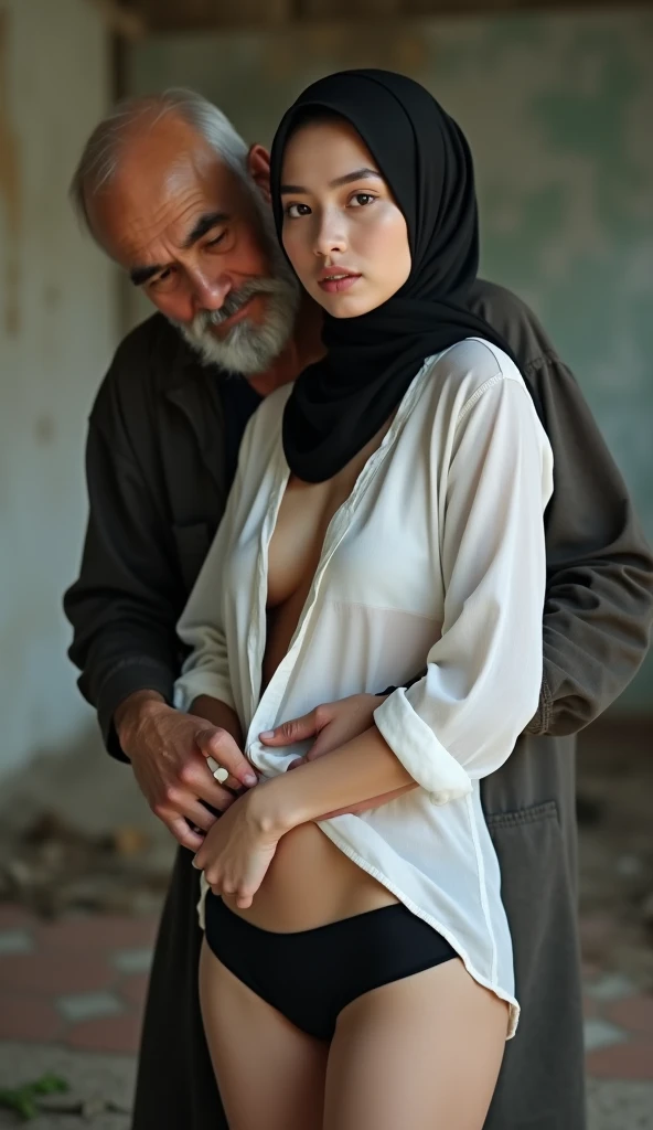 A full naked hansome macho adult man 50 years old, standing holding each other with a georgeus slim young girl that wearing hijab 22 years old,