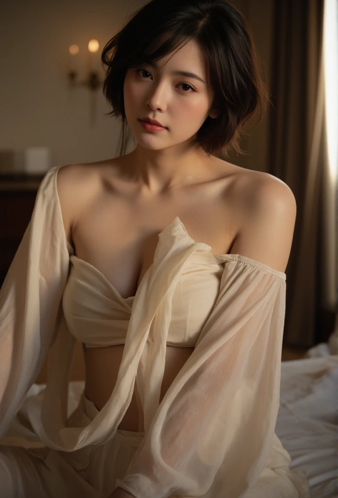 girl wearing off-the-shoulder underwear, short hair, sexy look, in dark environment, deep shadows, low key lighting, , (best quality, masterpiece, ultra-detailed, photorealistic:1.5, raw photo)