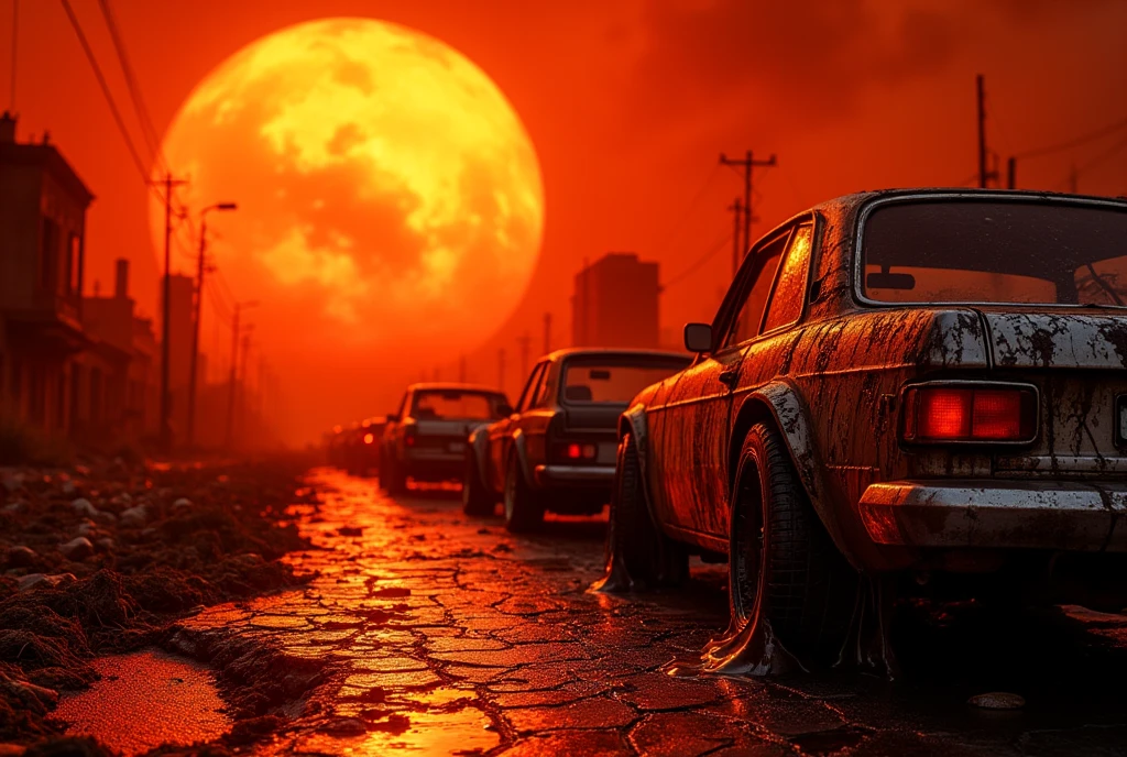 ((masterpiece)) ((photography)) ((Highest quality)) A dystopian apocalyptic landscape where the sun is dangerously close to Earth, casting an intense, hellish red-orange glow over everything, Close-up of melted cars on a deserted road, the metal warped and dripping as if it were wax under the extreme heat. The rubber of the tires is completely liquefied, and the asphalt underneath them is cracked and bubbling. The remnants of a once-busy city lie in ruins in the background.