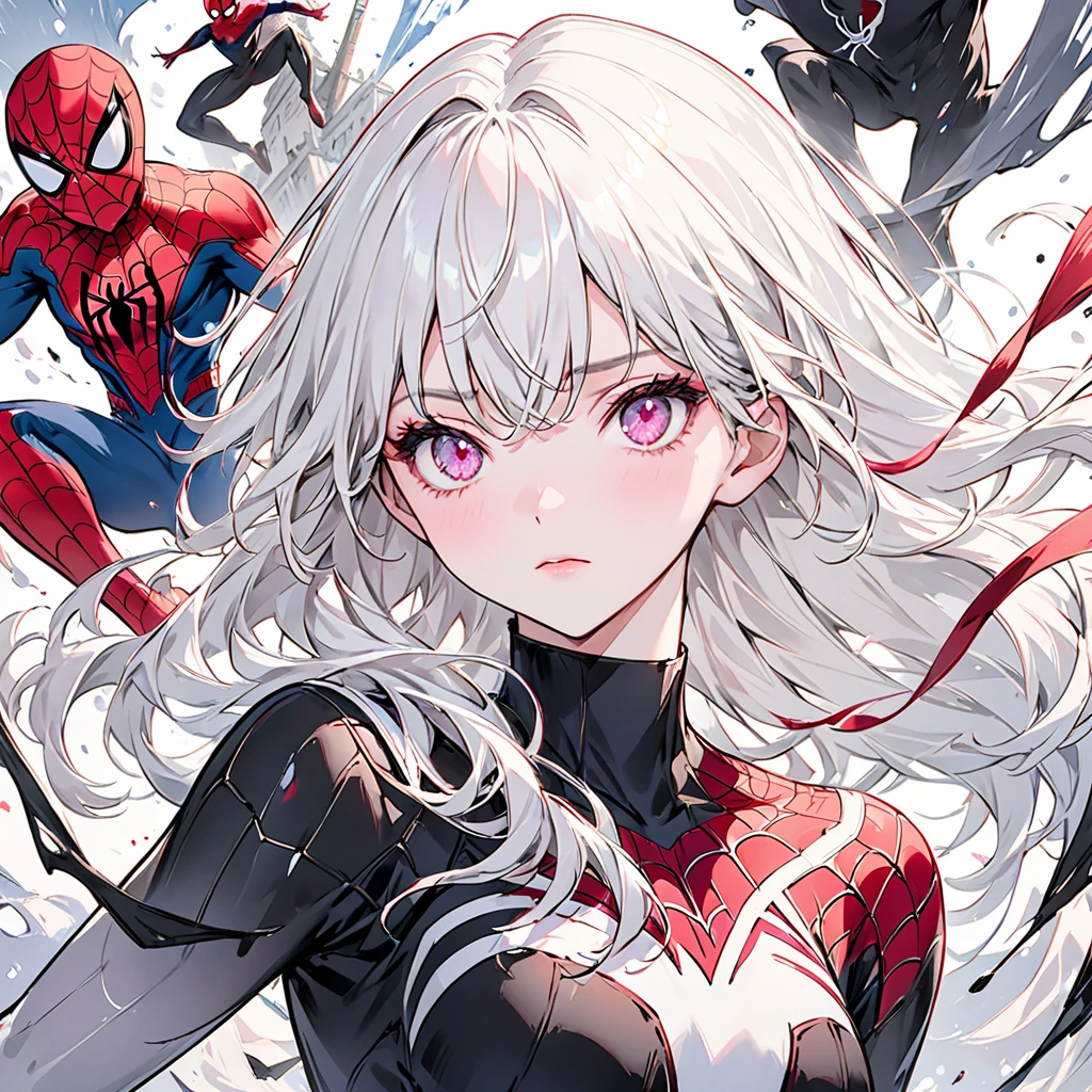      absurd,     is high definition    ,      very detailed,
,     draw a black and white world、    use only shades of black,  、White Hair, semi-long、    , Emotion,      impressive visual impact .Plain white background,  輝く瞳，Pale Red Eyes 、Pale pink eyes 、 pale purple eyes 、Spiderman Suit、Spider-Man red eyeshadow   , hair  , color、I'm drawing artistic eyes 