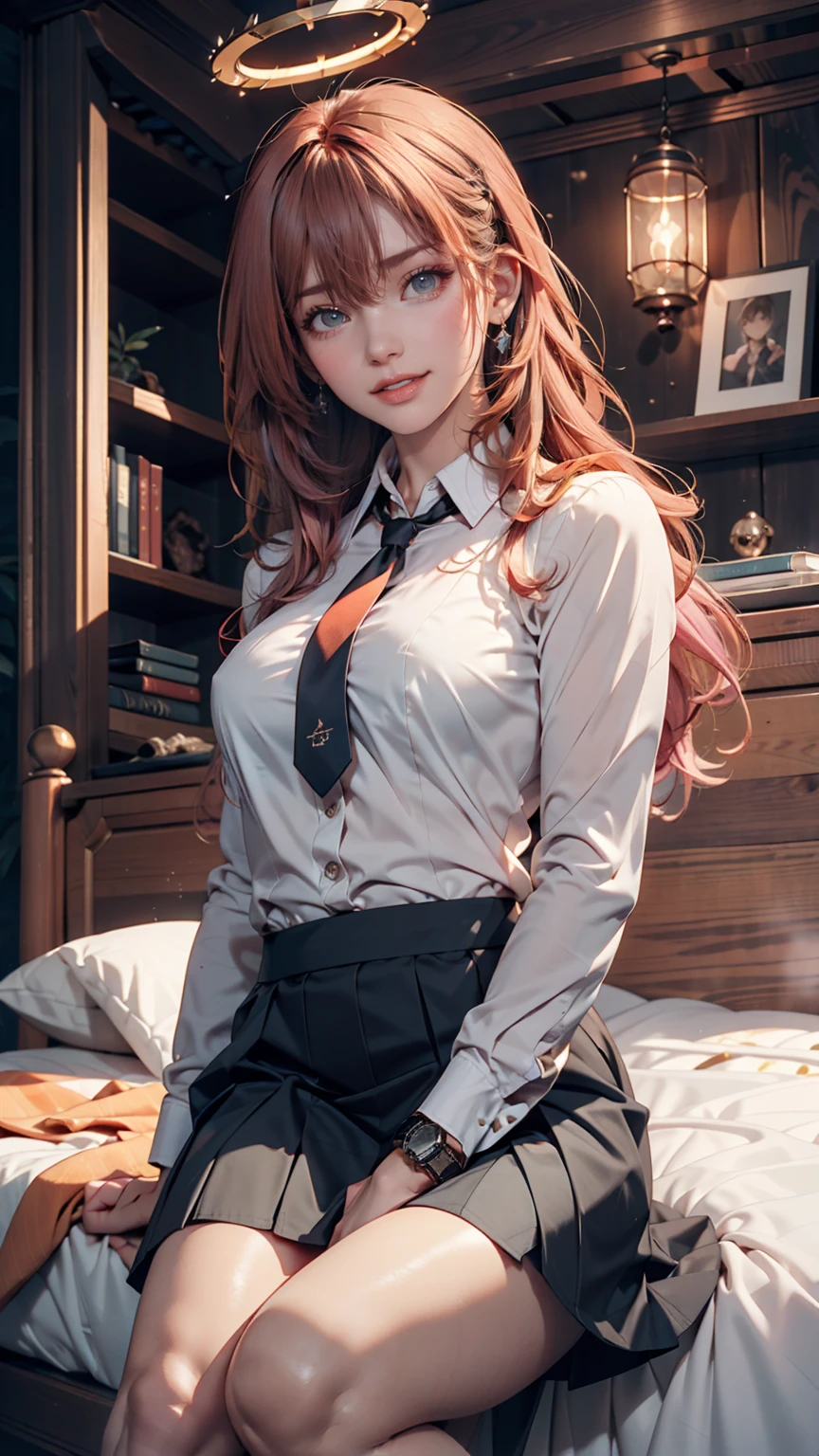 One person, Hoshino (Blue Archive), alone, Heterochromia iridis, Pink Hair, skirt, Long Hair, tie, Ahoge, shirt, Hello, Plaid skirt, blue eyes, Plaid, View your viewers, white shirt, Sitting, Orange eyes, chest Harness, Harness, Long sleeve, ID card, Open your mouth, very Long Hair, collared shirt, smile, blue tie, bangs, The legs are detached from the frame, Between the legs, hand Between the legs, blush, Hair between the eyes, High resolution,masterpiece, Highest quality